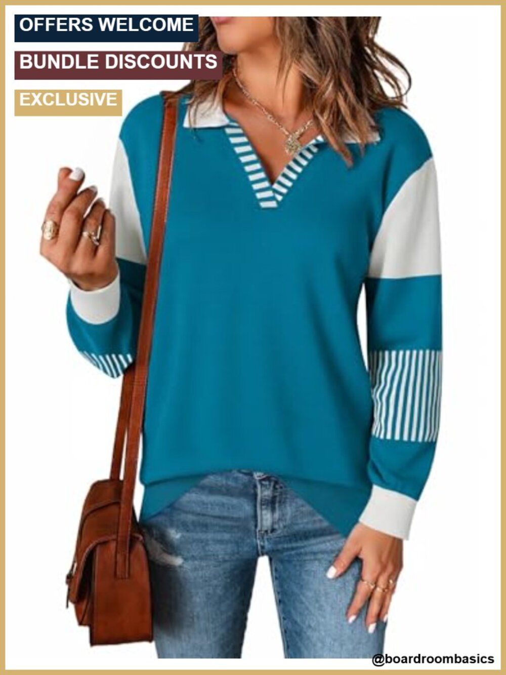 V-Neck Long Sleeve Color Block Striped Knitted Pullover Sweater 50% Viscose Cozy